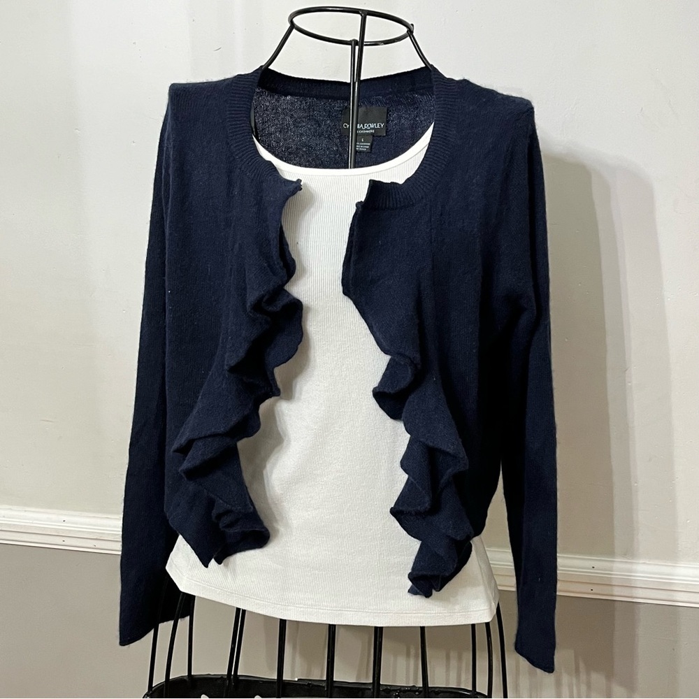 Cashmere Cardigan Sweater Ruffle Cynthia Rowley Large Navy Blue